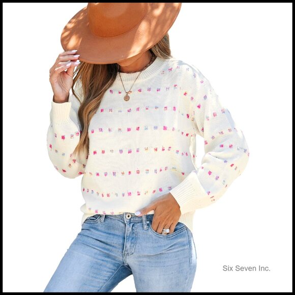Lightweight Knit Pullover Sweater Rainbow Dot Pattern Crewneck Casual